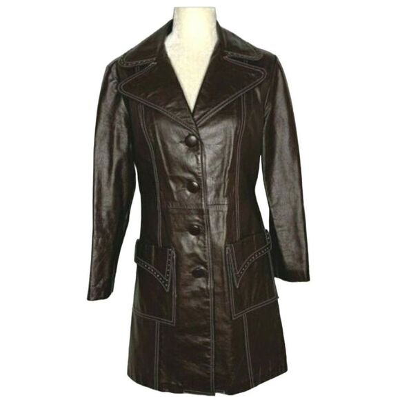 Vtg 70's Womens Leather Trench Coat Cowgirl Western Contrast Stitching Brown S - Picture 11 of 11